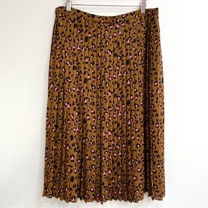 J. Crew Midi Pleated Skirt in Brown with Pink and Black Leopard Print